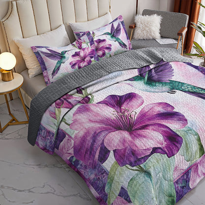 Shineful All Season Quilt 3-Piece Set Green Hummingbird & Purple Floral