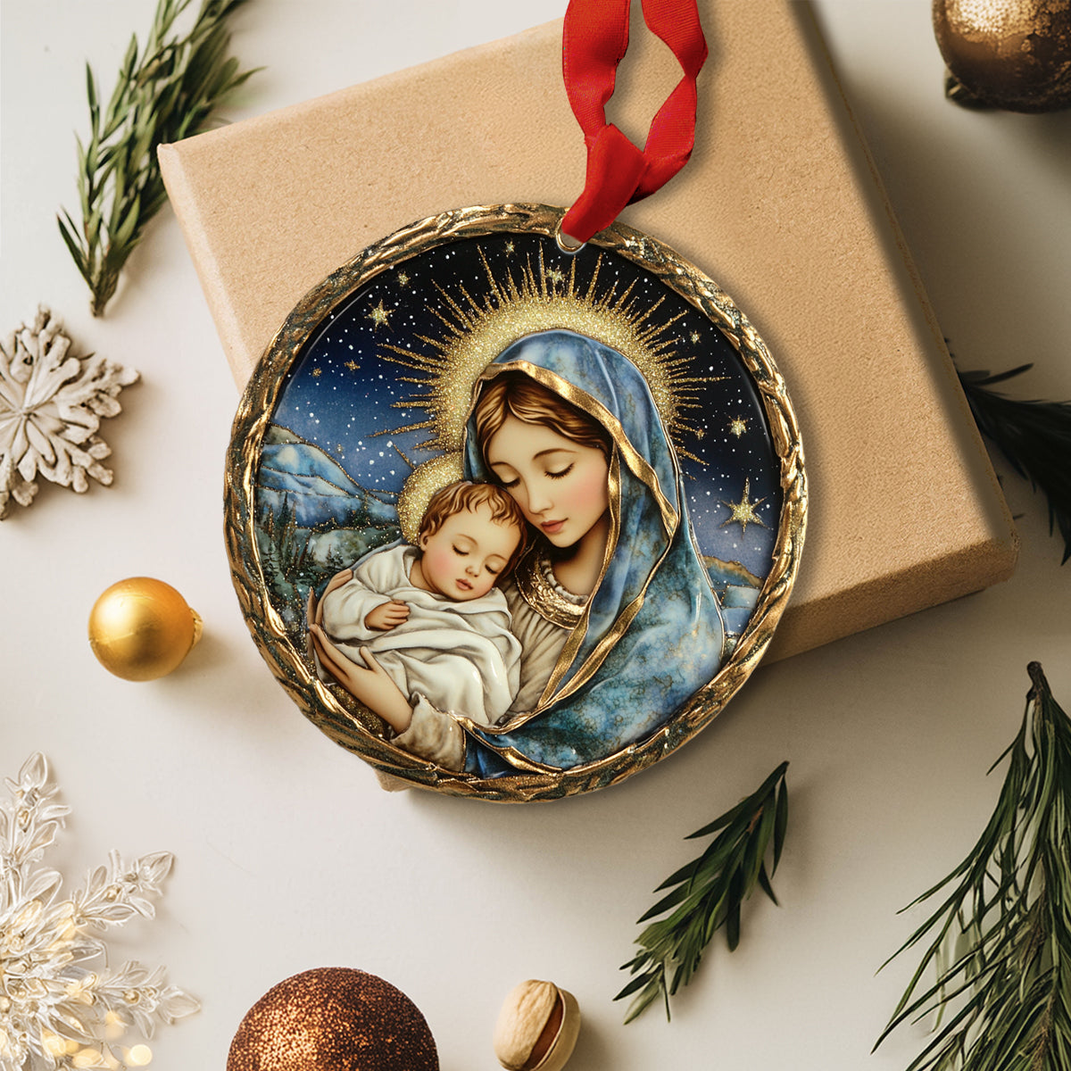 Glänzendes 2D-Ornament aus Acryl – Heilige Mutter mit Kind, Weihnachten 