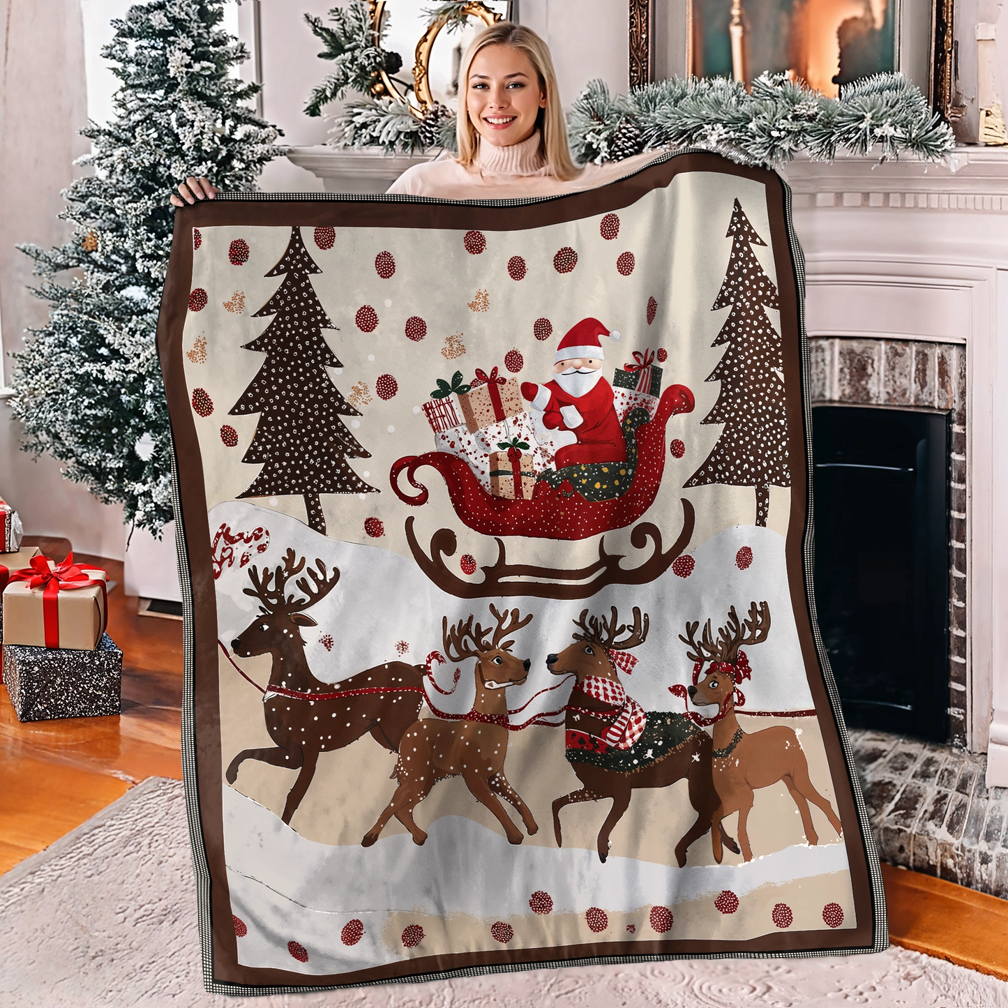 Shineful Fleece Blanket Cozy Santa Claus With Reindeer Pulling His Sleigh Full Of Gifts