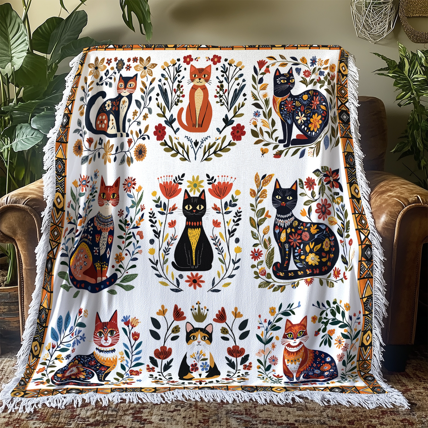 Shineful Woven Tapestry Throw Blanket Folk Cat Garden