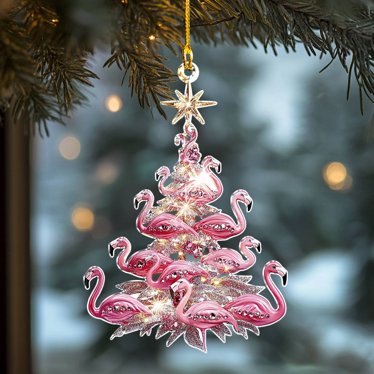 Shineful 2D Acrylic Ornament Pink Flamingo Christmas Tree