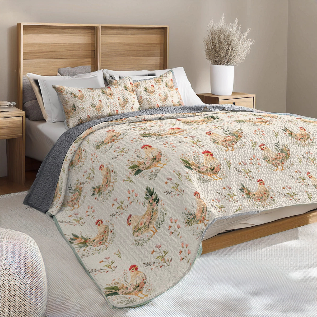 Shineful All Season Quilt 3-Piece Set - Botanical Chicken Garden