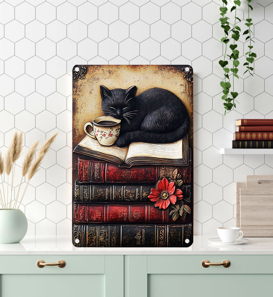 Shineful 2D Metal Sign Vintage Black Cat Books