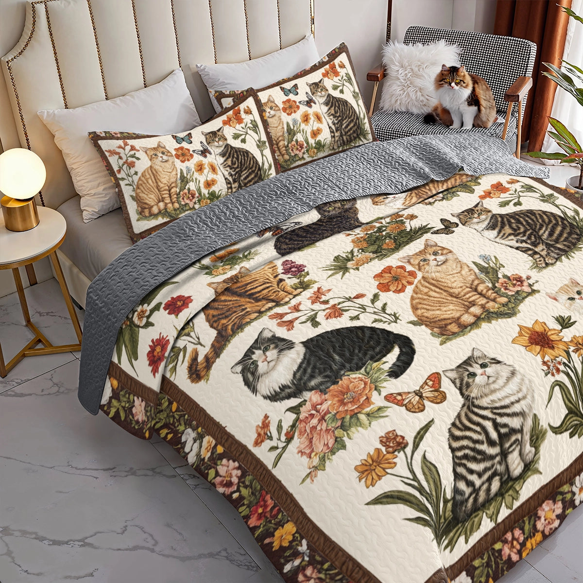 Shineful All Season Quilt 3-Piece Set Cat Floral Heaven