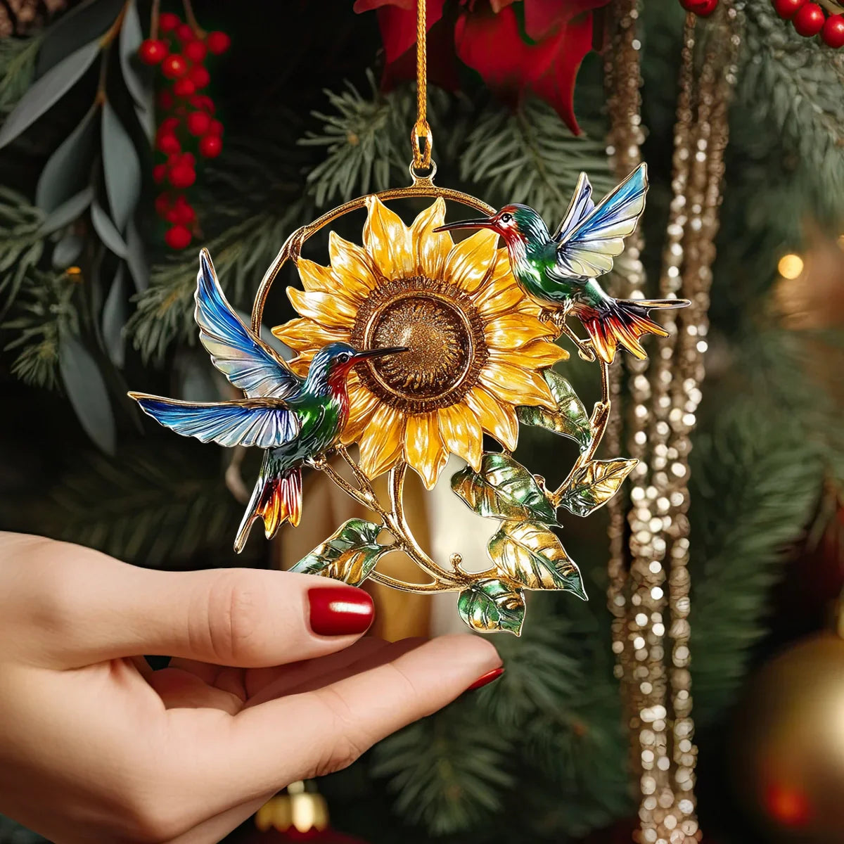 Shineful 2D Acrylic Ornament Golden Sunflower & Hummingbird Harmony