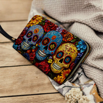 Shineful Leather Clutch Purse With Wristlet Strap Handle Floral Sugar Skull