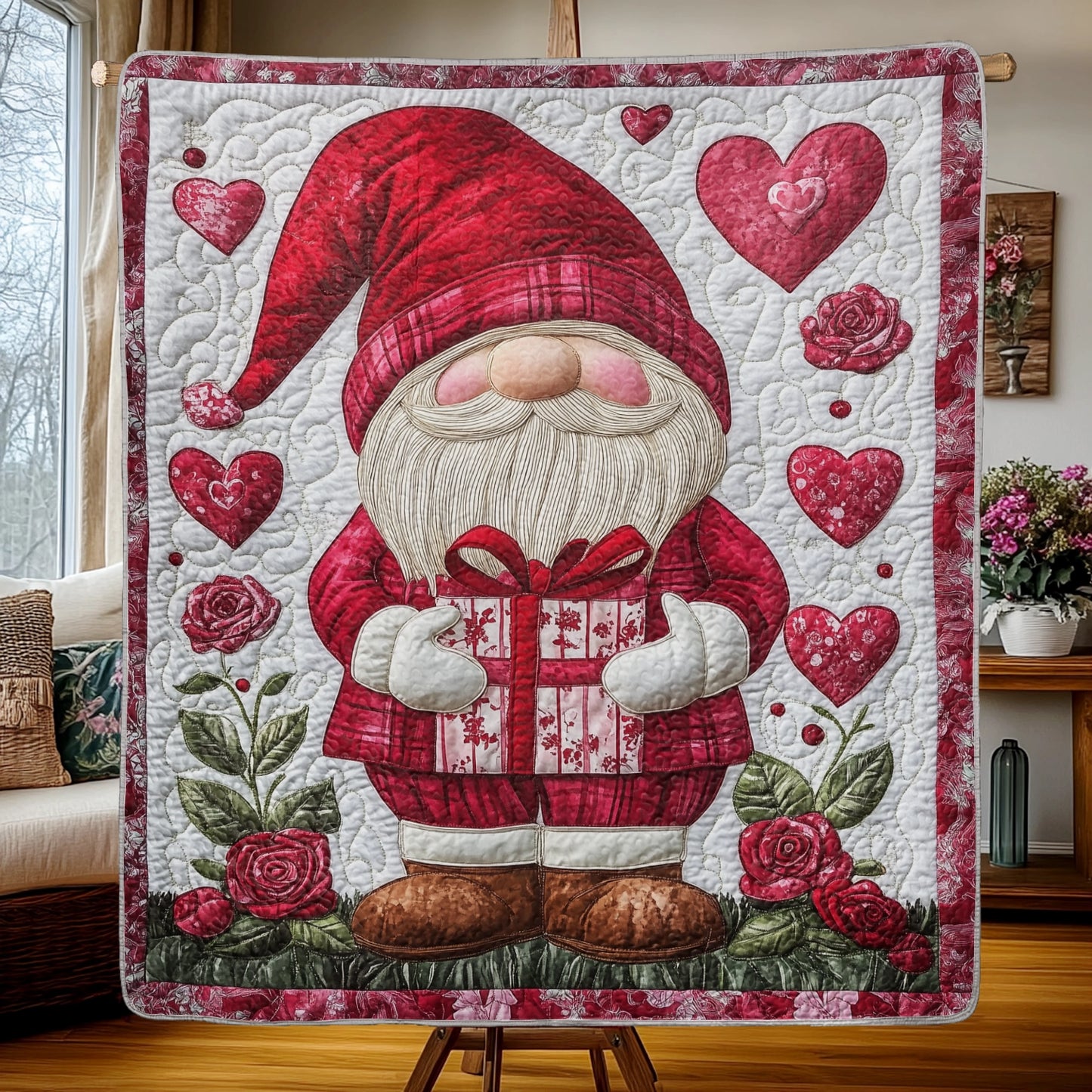 Couverture matelassée en fausse fourrure à imprimé plat brillant - Gnome de la Saint-Valentin avec des cadeaux sincères et des roses