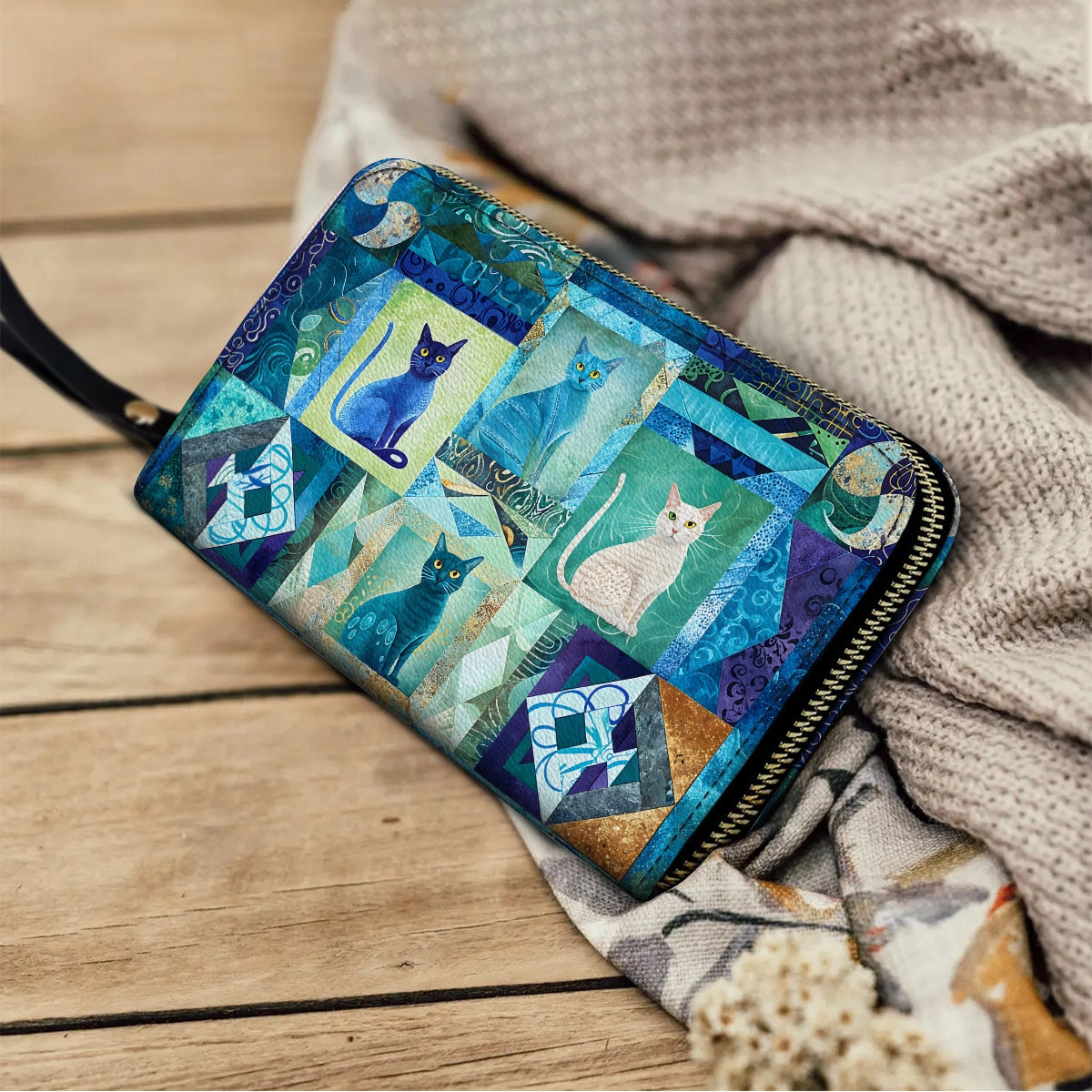 Shineful Leather Clutch Purse With Wristlet Strap Handle Mystic Cat