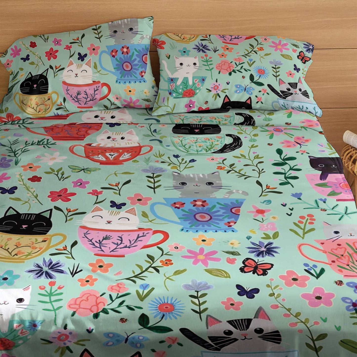 Shineful 4-Piece Bed Sheet Set Cat Cup