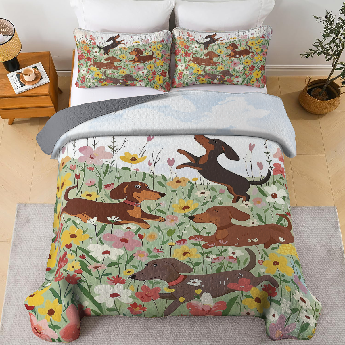 Shineful All Season Quilt 3-teiliges Set mit Dackel im Blumengarten 