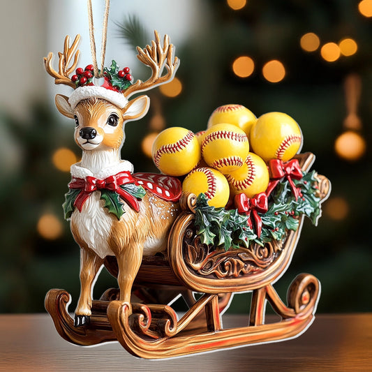 Glänzendes 2D-Ornament aus Acryl – Rentier-Softball-Schlitten 