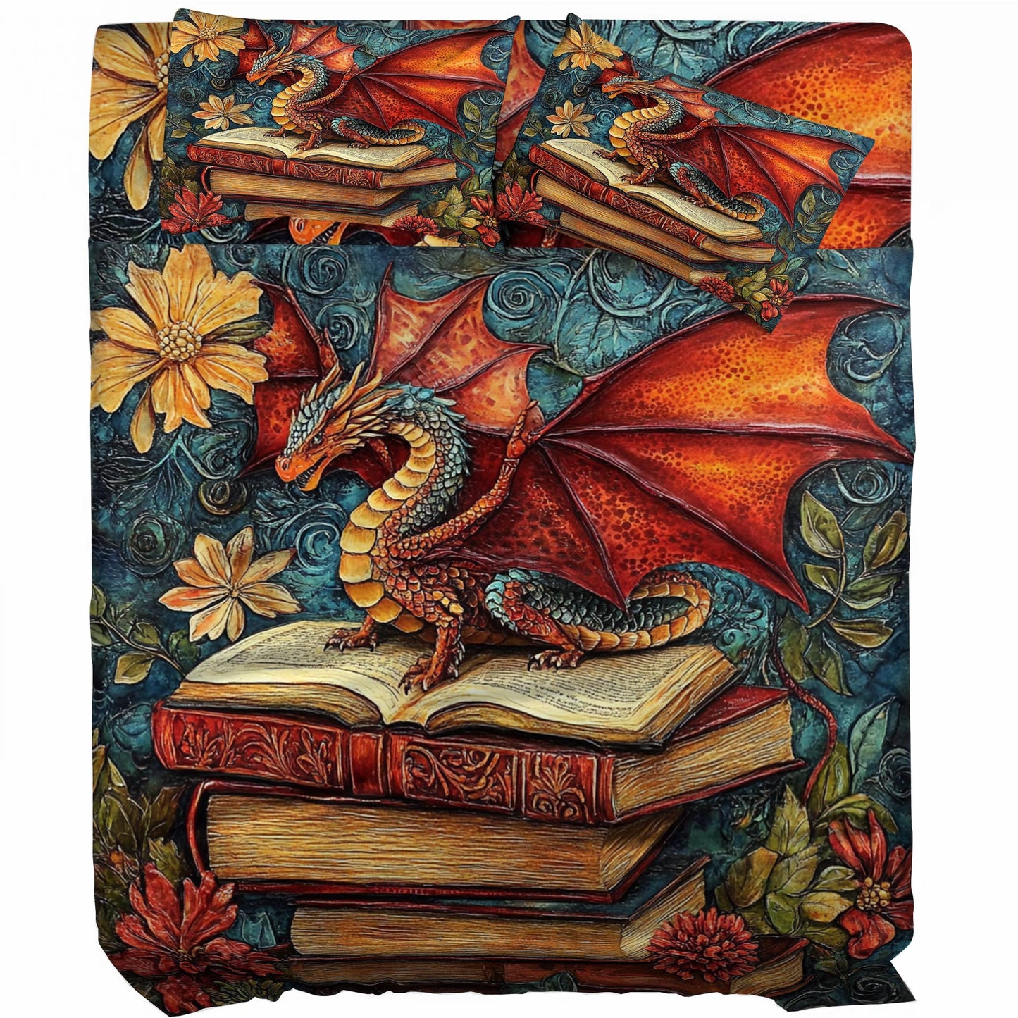 Shineful 4-teiliges Bettlakenset Stately Dragon Book Stack