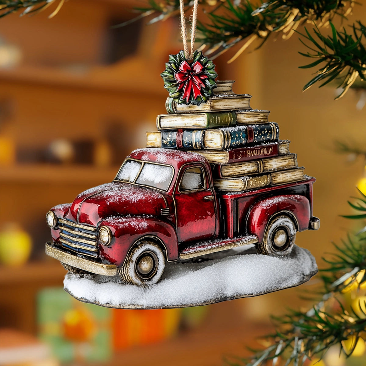 Glänzendes 2D-Acryl-Ornament „Festlicher Bücher-Truck“