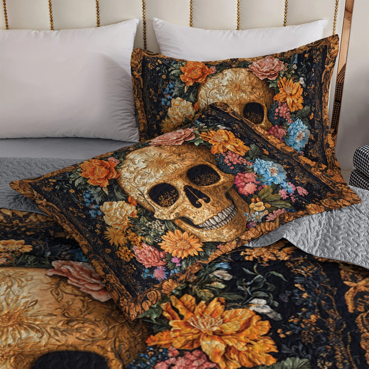 Shineful All Season Quilt 3-Piece Set Ornate Skull Garden