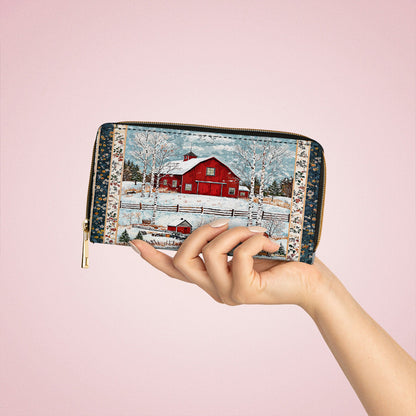 Shineful Leather Clutch Purse With Wristlet Strap Handle Red Barn Christmas