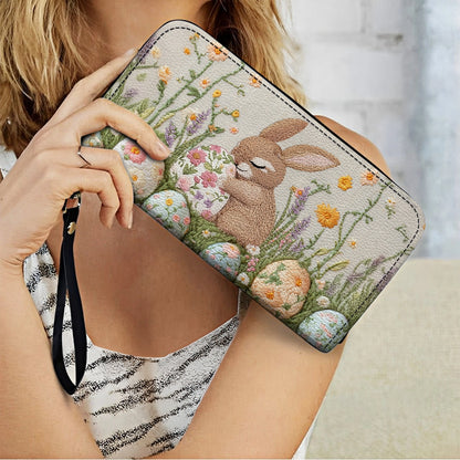 Shineful Leather Clutch Purse With Wristlet Strap Handle Hand-Embroidered Easter Bunny