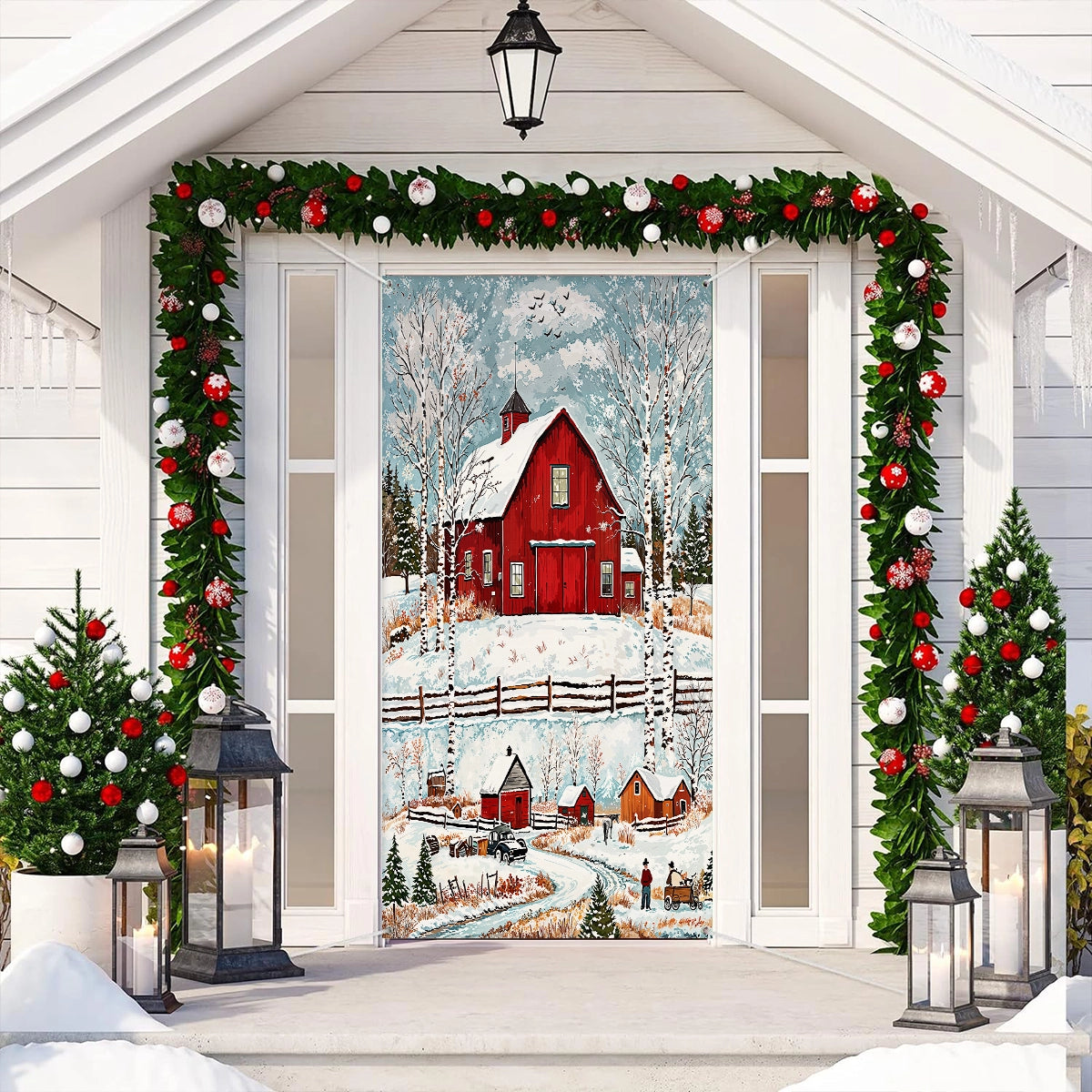 Shineful Door Cover - Red Barn Christmas