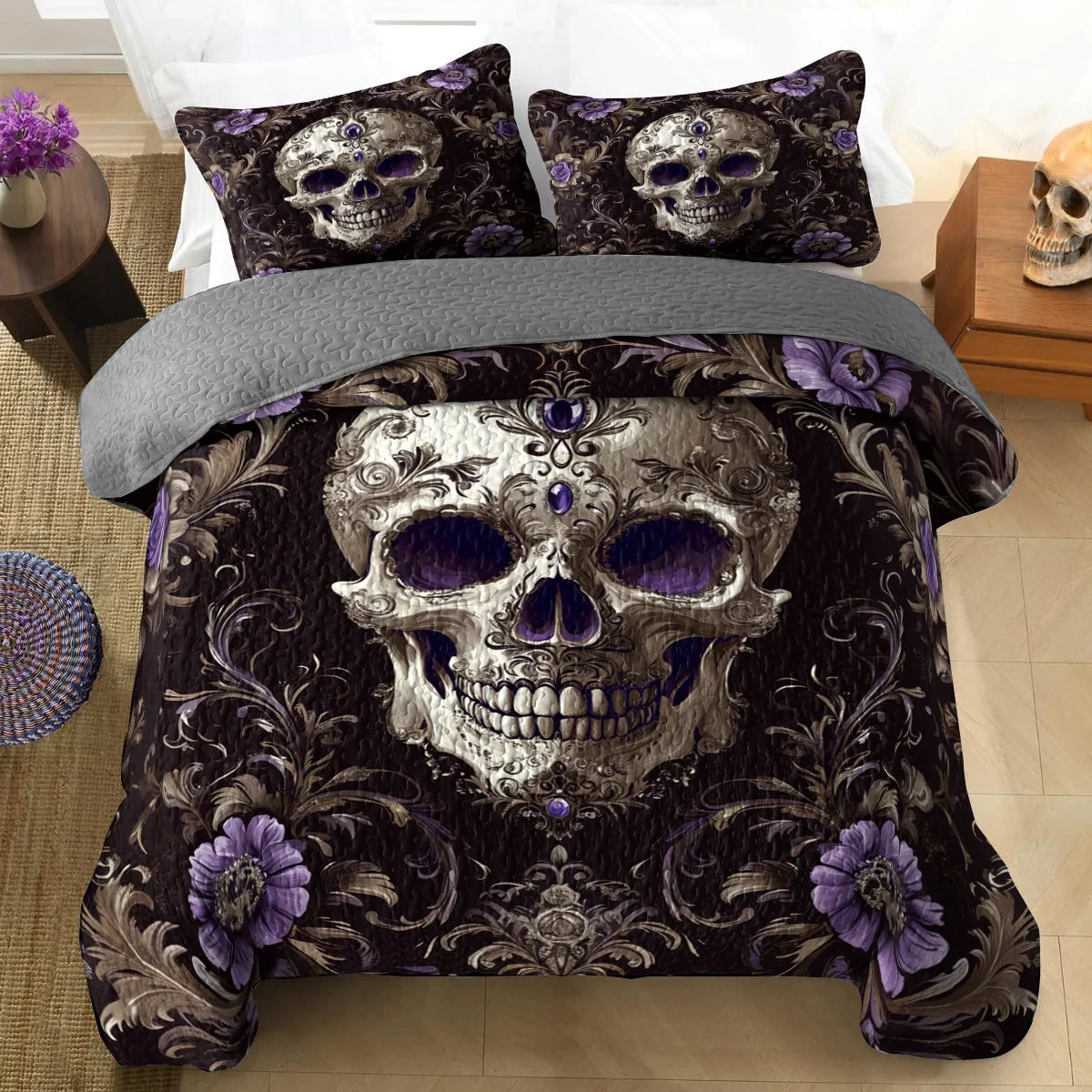 Shineful All Season Quilt 3-Piece Set - Gothic Jewel Skull