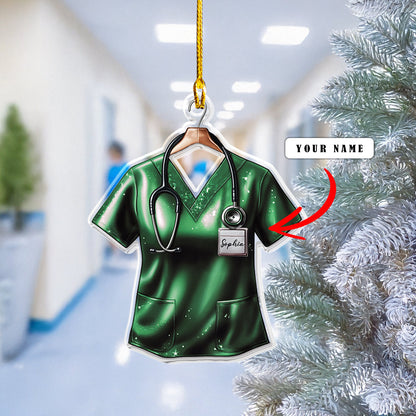 Glänzendes personalisiertes 2D-Acryl-Ornament – ​​Krankenschwester-Scrub-Weihnachten