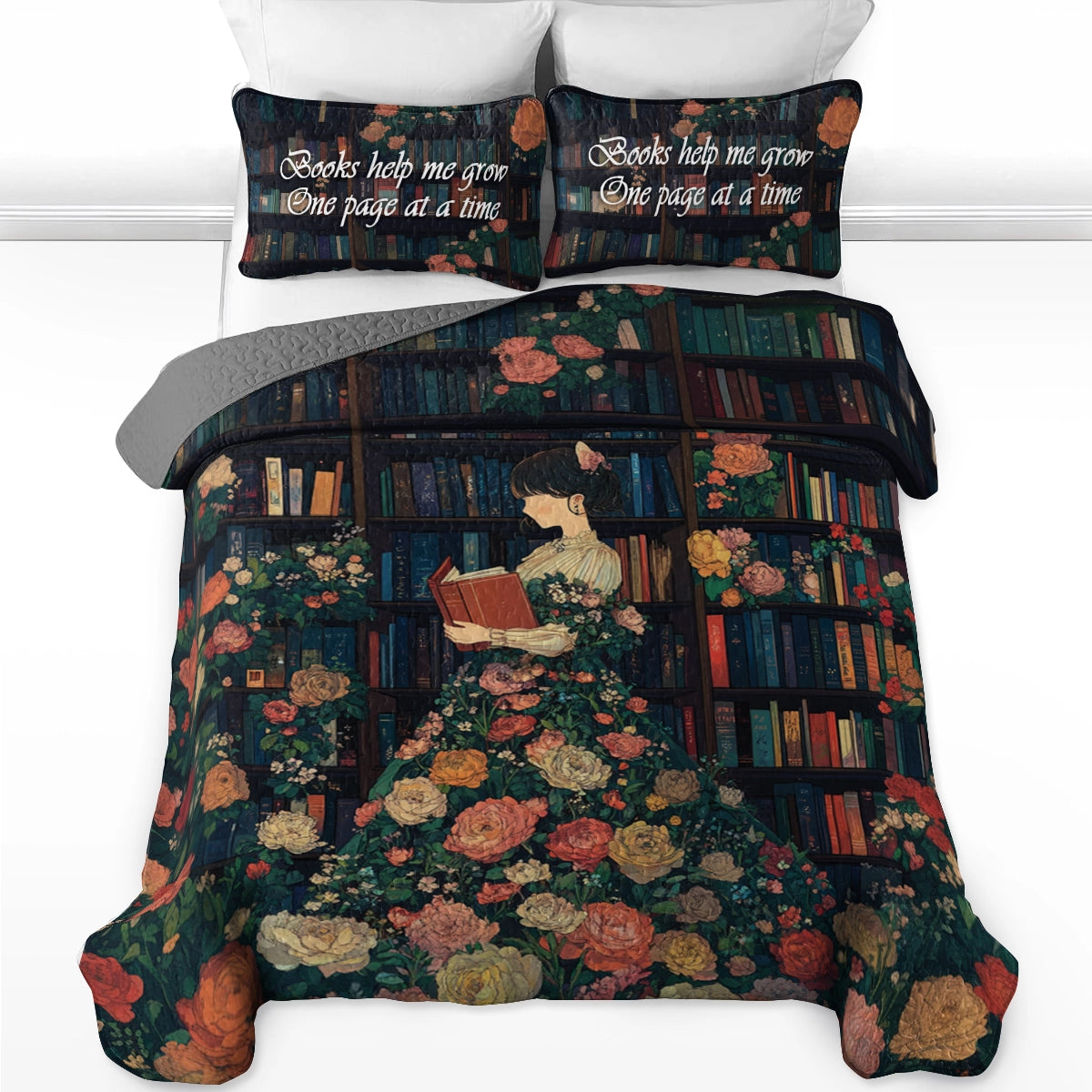 Shineful All Season Quilt 3-Piece Set Reading Literary Garden