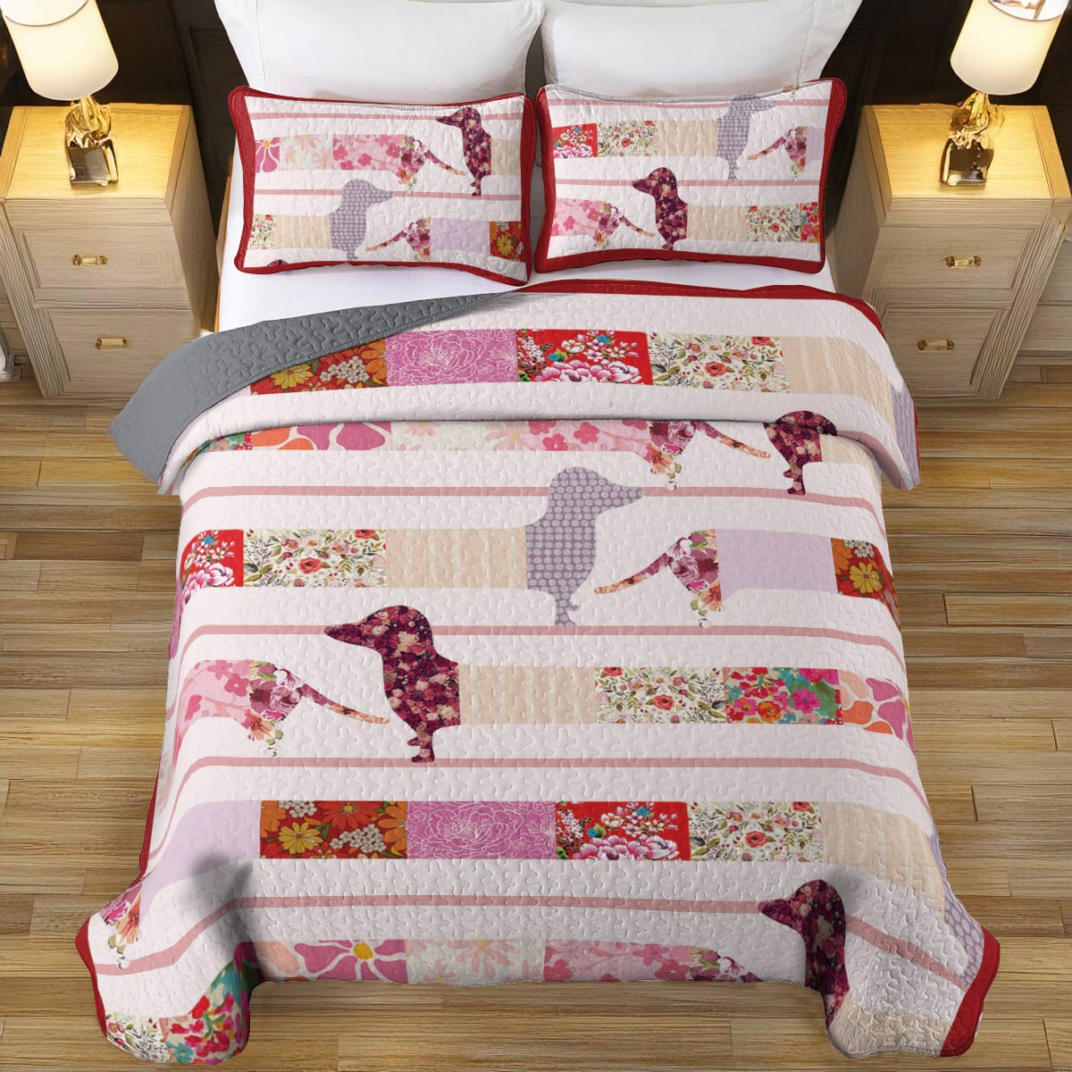 Shineful All Season Quilt 3-Piece Set Floral Dachshunds