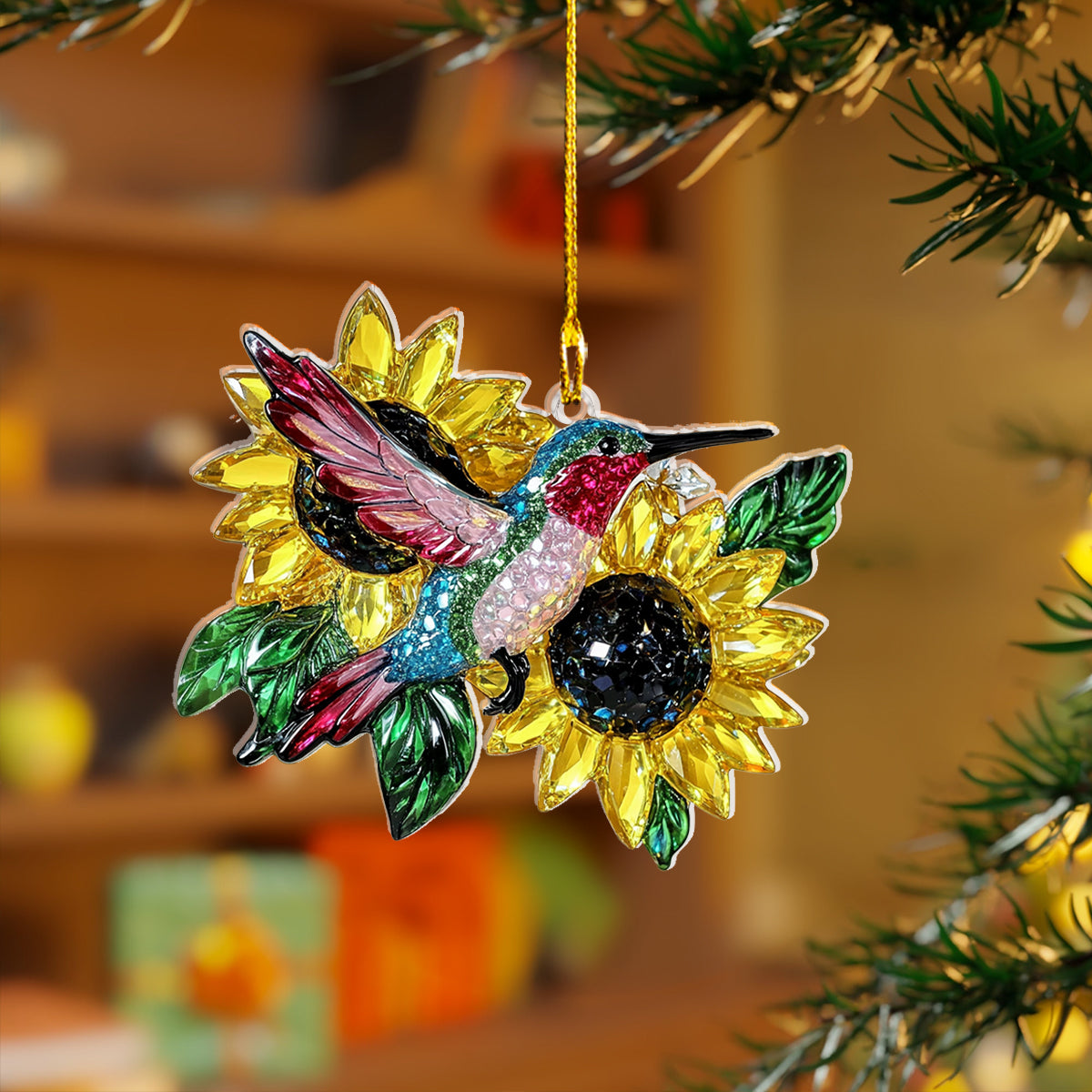 Shineful 2D Acrylic Ornament Crystal Hummingbird And Sunflower