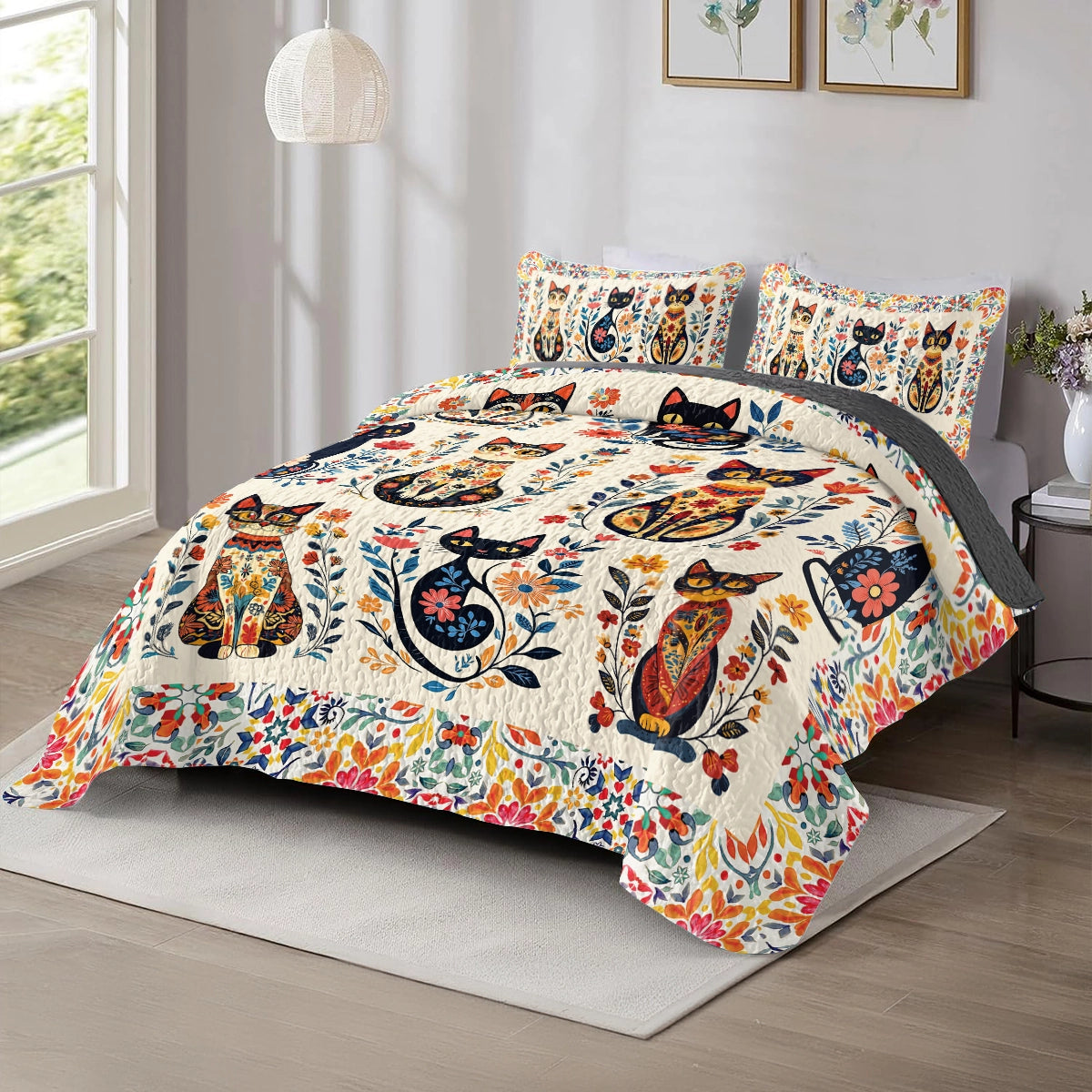 Shineful All Season Quilt 3-Piece Set - Purr-fectly Floral Cat