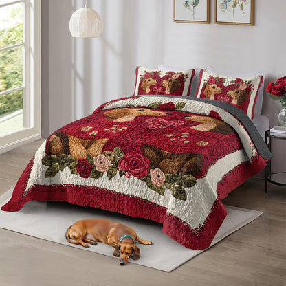 Shineful All Season Quilt 3-teiliges Set mit Herz- und Blumenmotiv, Dackelpaar