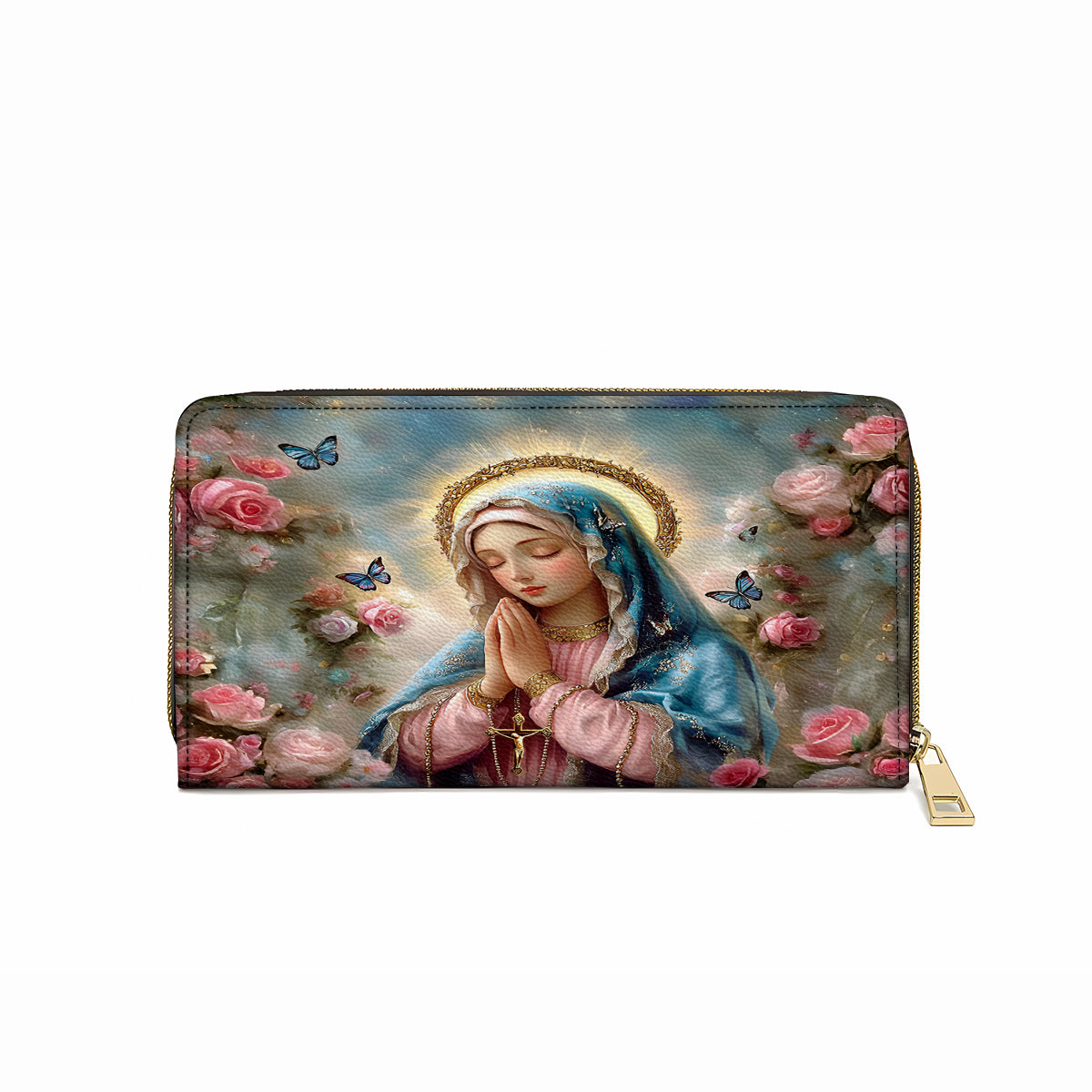 Shineful Leather Clutch Purse With Wristlet Strap Handle Holy Rosary