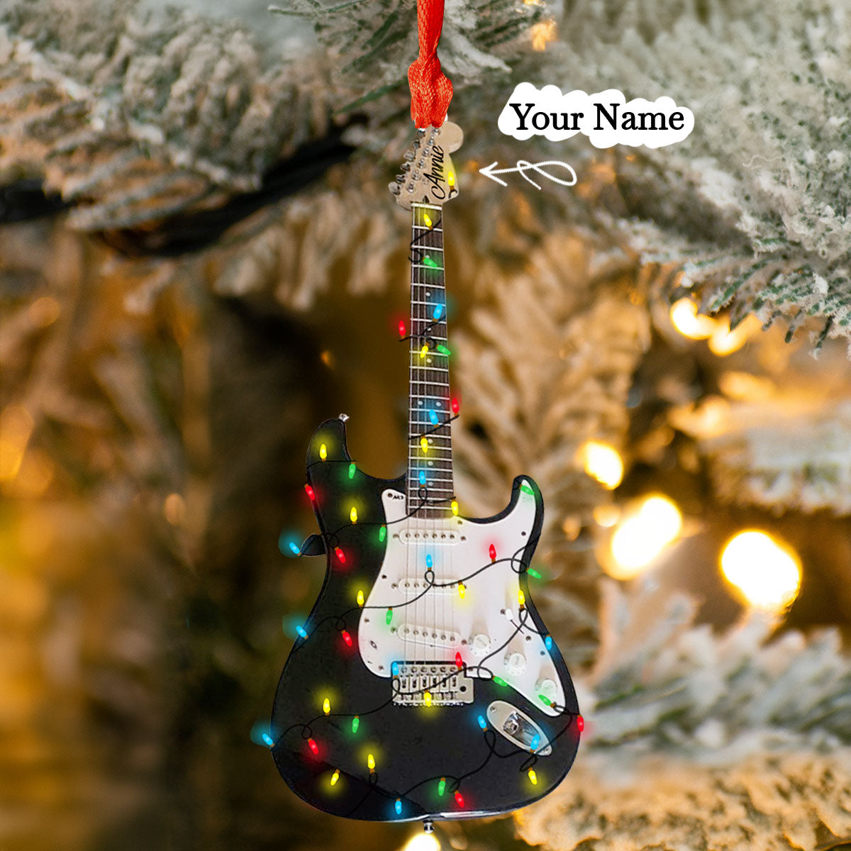 Ornement en acrylique 2D brillant - Guitare de Noël personnalisée avec lumières rockin'