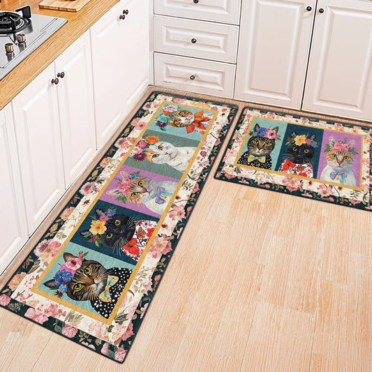 Tapis de sol antidérapant ultra fin et brillant, tapis de cuisine, motif floral et chat fantaisie