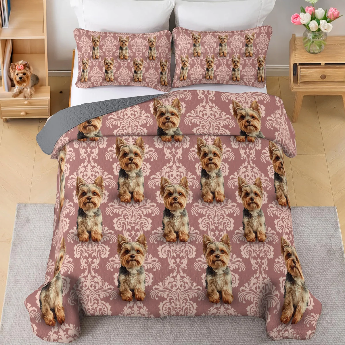 Shineful All Season Quilt 3-Piece Set Elegant Yorkie Bliss