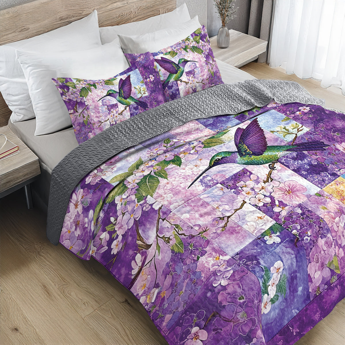 Shineful All Season Quilt 3-Piece Set - Blossoms & Hummingbird Serenity