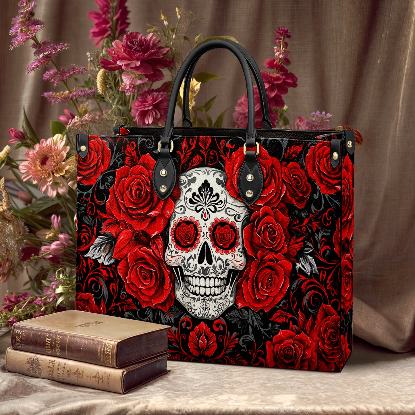 Shineful Leather Bag Elegant Red Roses Skull