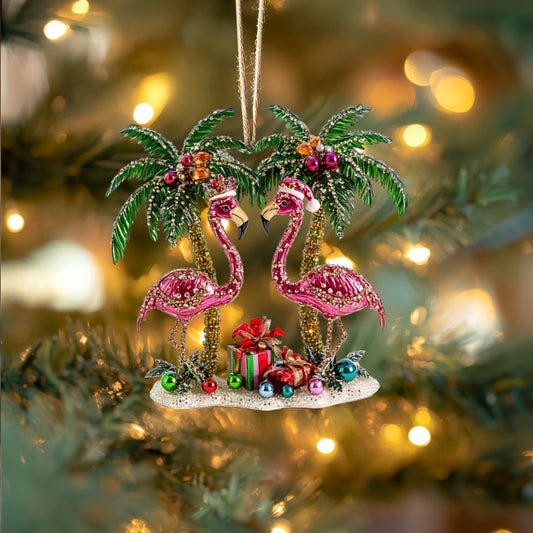 Glänzendes Acrylornament Tropischer Weihnachtsflamingo 