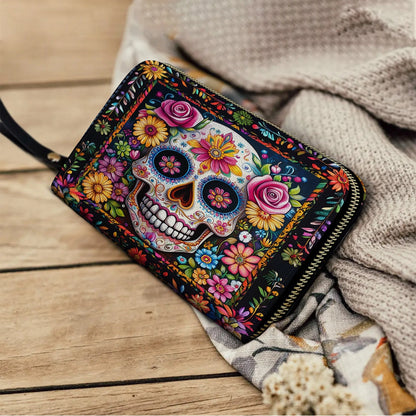 Shineful Leather Clutch Purse With Wristlet Strap Handle Calavera Floral Dreams