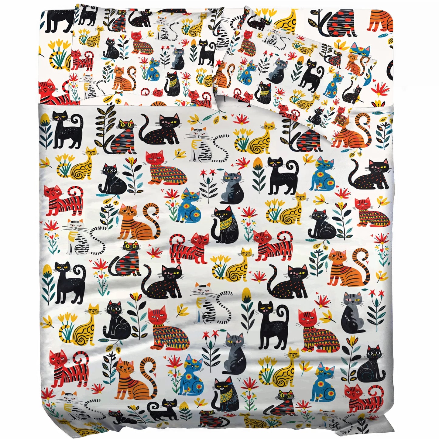 Shineful 4-Piece Bed Sheet Set Cute Whimsical Cat