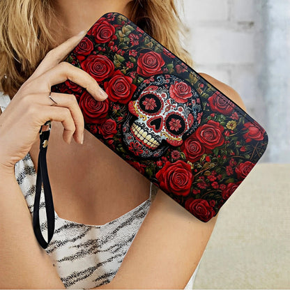 Shineful Leather Clutch Purse With Wristlet Strap Handle Roses & Sugar Skull Elegance