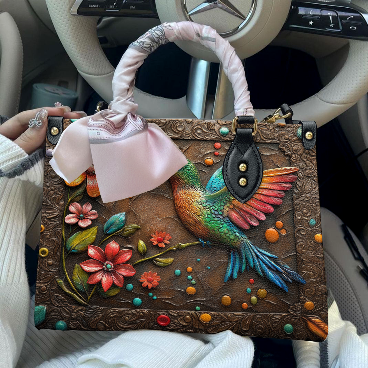 Shineful Leather Bag Hummingbird And Flower