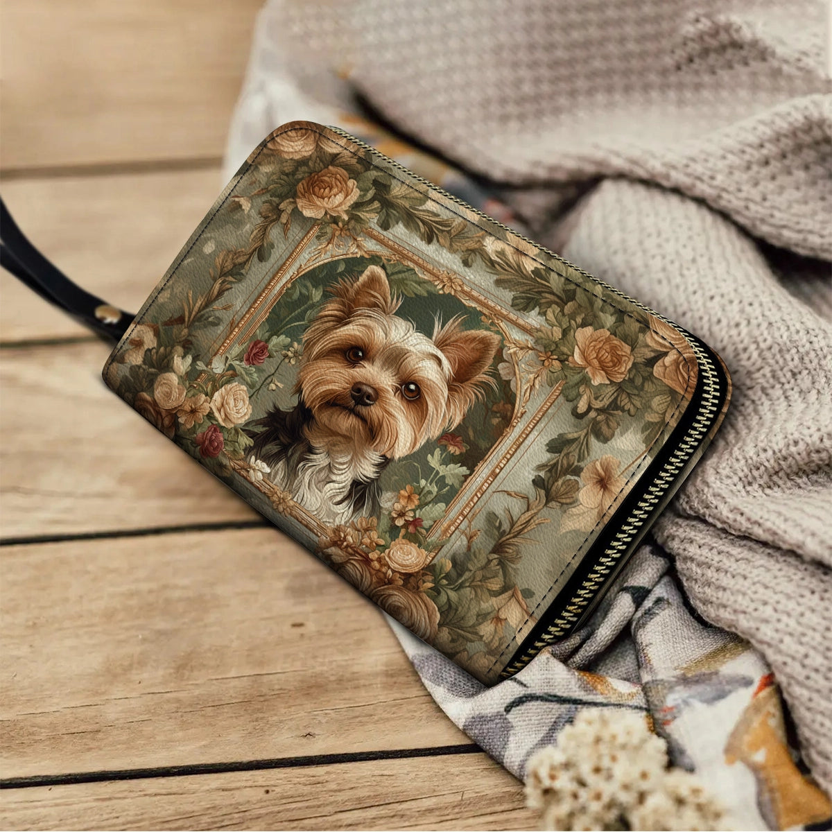 Shineful Leather Clutch Purse With Wristlet Strap Handle Luxe Yorkie Companion