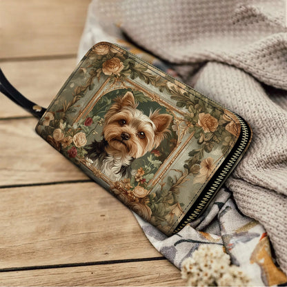 Shineful Leather Clutch Purse With Wristlet Strap Handle Luxe Yorkie Companion