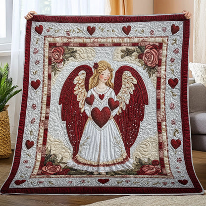 Shineful Flat Print Faux Quilt Blanket - Heavenly Angel of Love and Roses Quilt Design