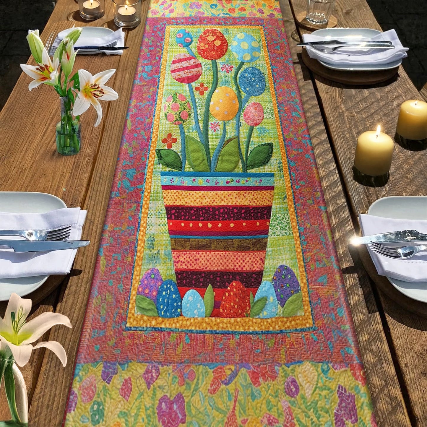 Shineful 2D Flat Print Quilted Table Runner Easter Eggs Blooming