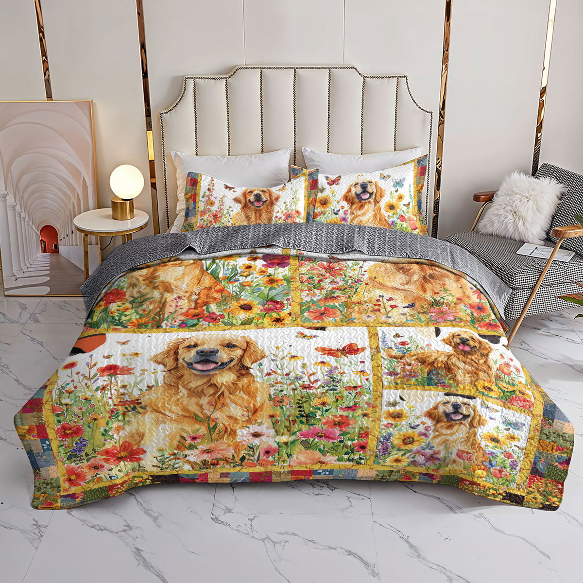 Shineful All Season Quilt 3-Piece Set Bloom Garden Golden Retriever