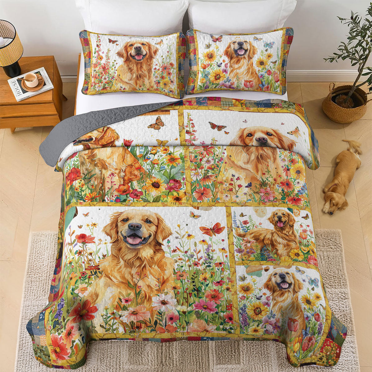 Ensemble de courtepointe toutes saisons Shineful 3 pièces Bloom Garden Golden Retriever