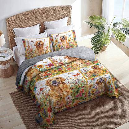 Shineful All Season Quilt 3-Piece Set Bloom Garden Golden Retriever