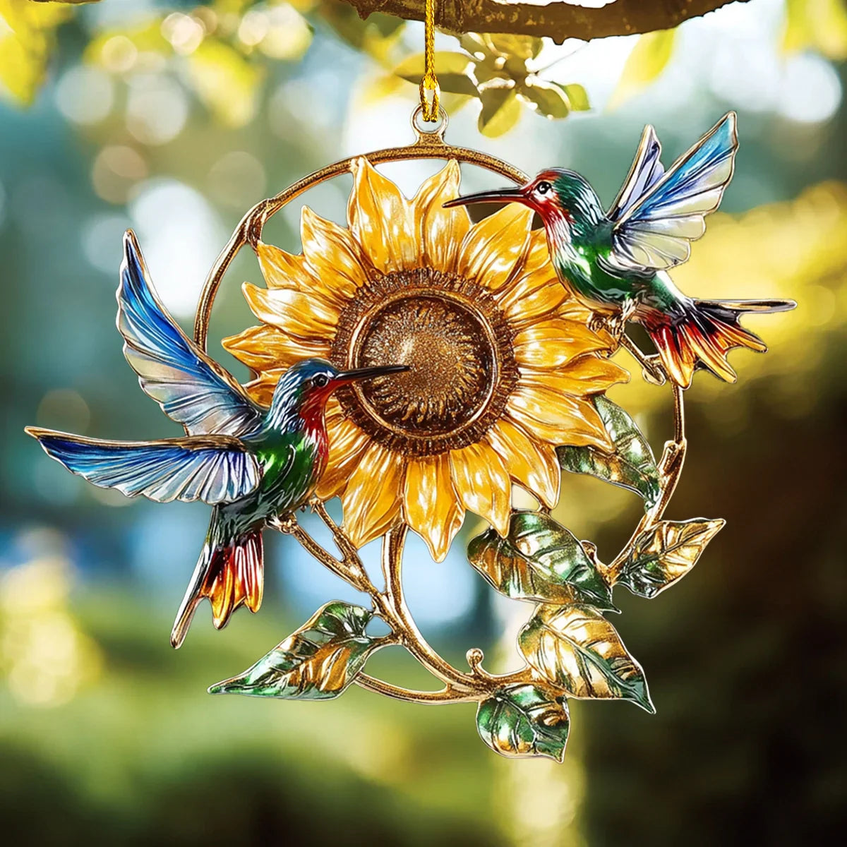 Shineful 2D Acrylic Ornament Golden Sunflower & Hummingbird Harmony