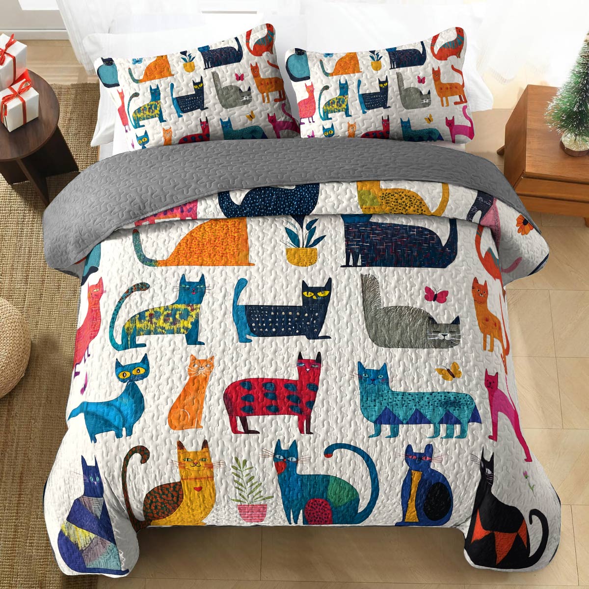 Shineful All Season Quilt 3-teiliges Set - Buntes Katzenwunderland 