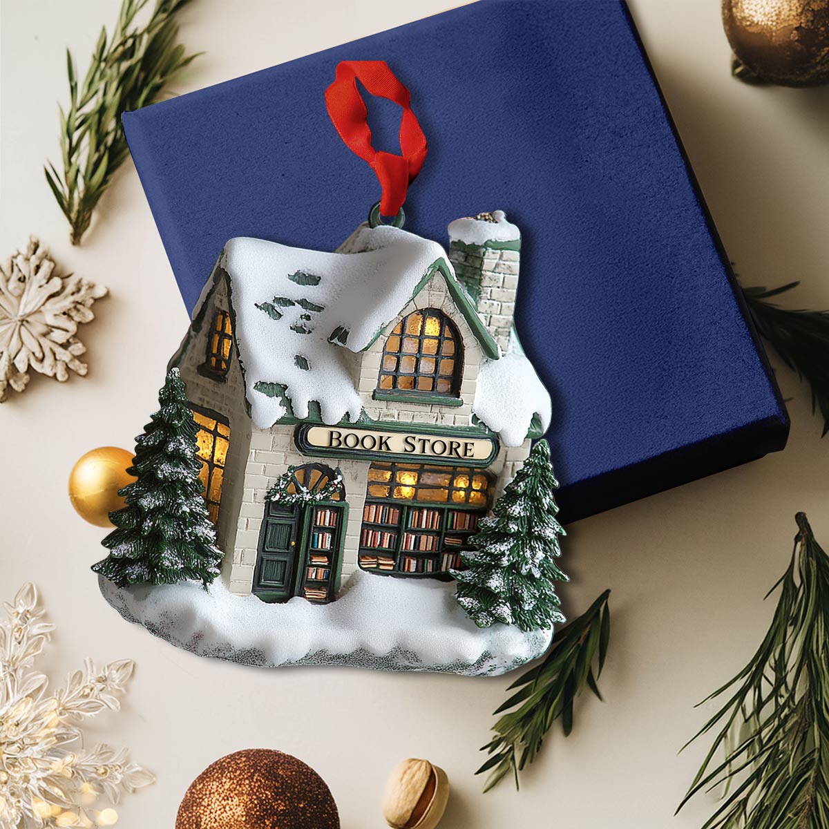 Shineful 2D Acrylic Ornament Snowy Bookstore Christmas