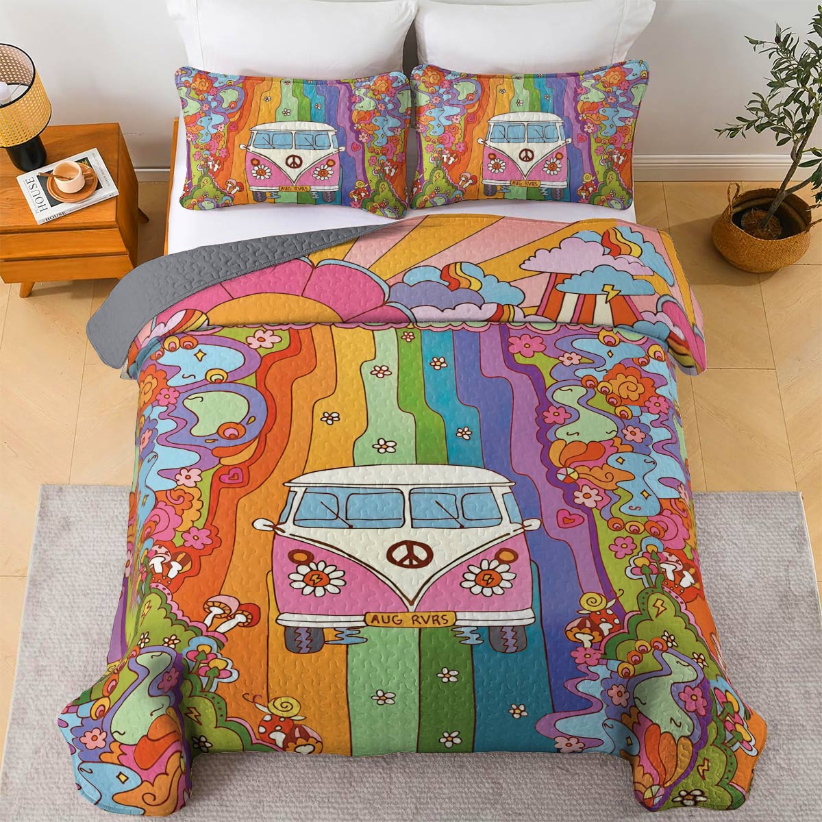 Shineful All Season Quilt 3-Piece Set Rainbow Hippie Van